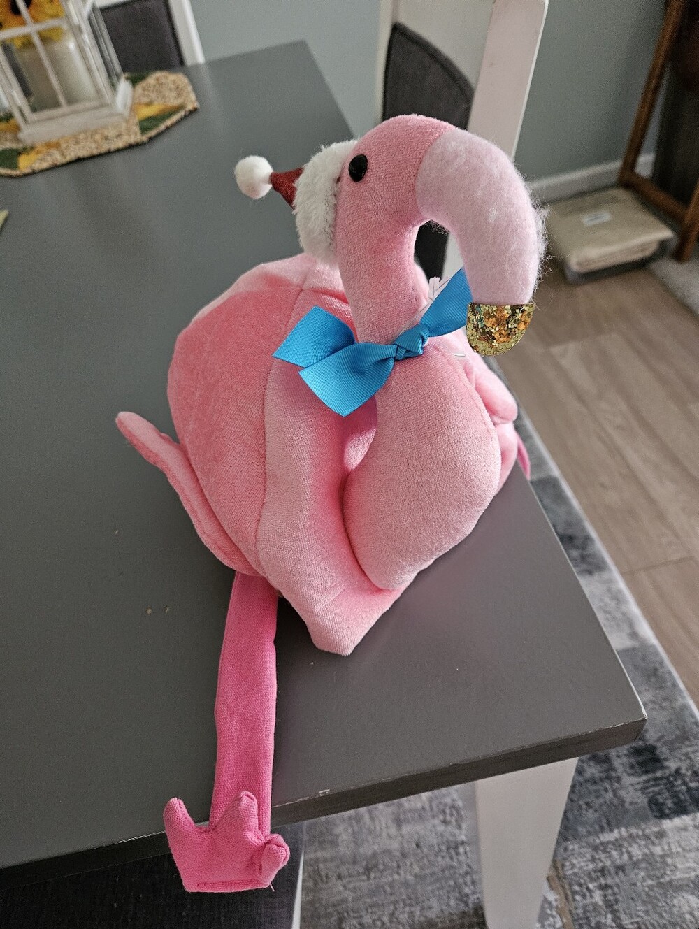 Pink Plush Flamingo Adult Christmas Hat with Blue Bow